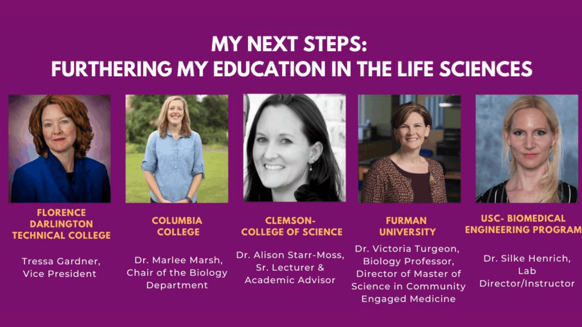 SCBiotech's tweet photo. Thank you Tressa Gardner, Dr. Starr-Moss, Dr. Marlee Marsh, Dr. Silke Henrich, and Dr. Victoria Turgeon for joining us today to encourage women to further their education in the life sciences! #SCBIOWomen https://t.co/NSJ2TfwwHM