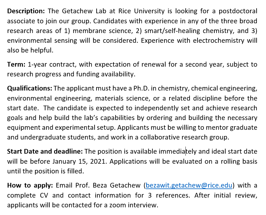We have a postdoc position opening in the Getachew Lab at Rice University! Please share widely. 

We're also looking for two graduate students to join us in Fall 2021! Apply now and email bezawit.getachew@rice.edu with any questions!