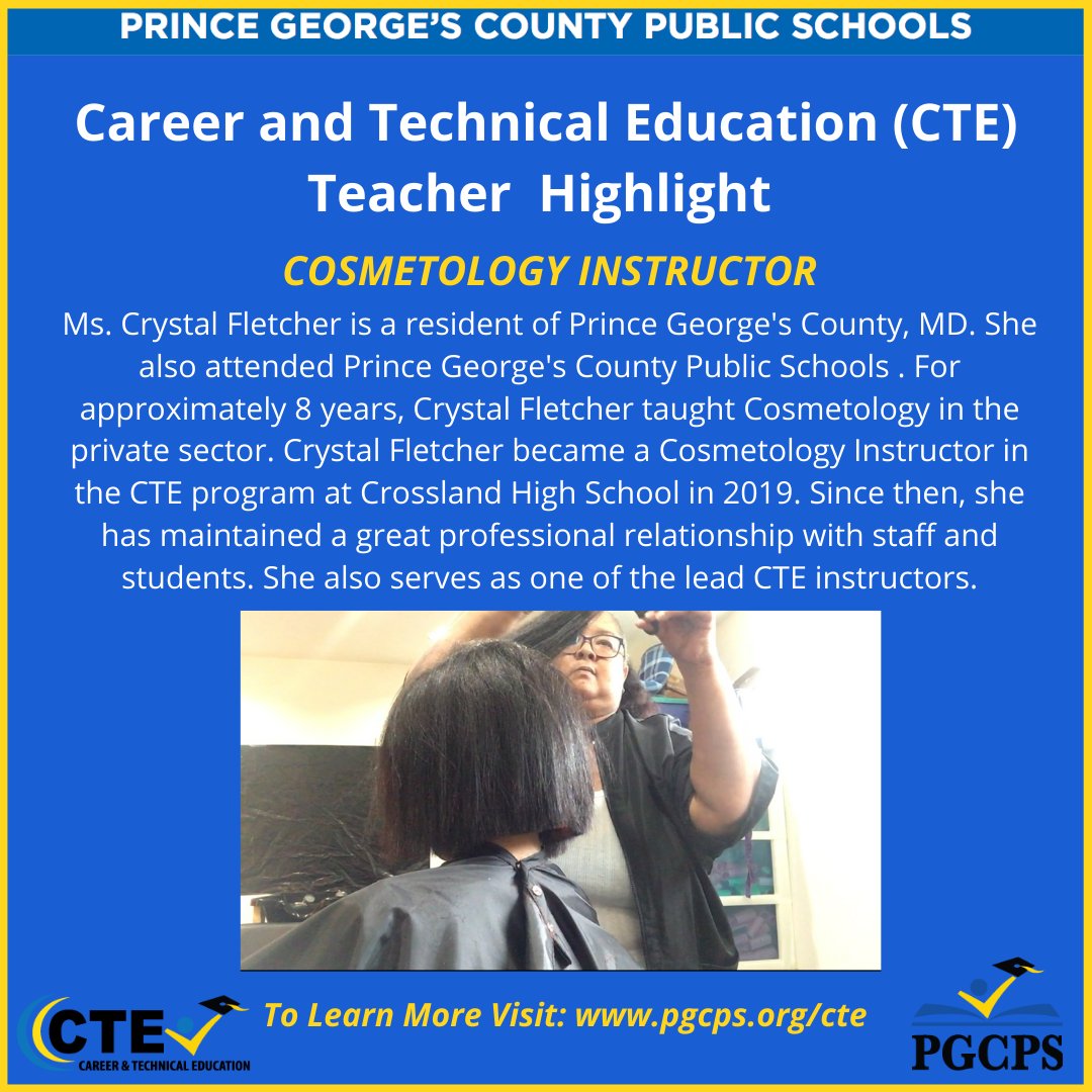 PGCPS Career and Technical Education (@pgcpscte) on Twitter photo Ms. Fletcher instructs and supports our Cosmetology students at Crossland High School. She is consistently going above and beyond to ensure our students obtain what is needed to become successful in their chosen career paths. #LearningThatWorks #PGCPSCTE <a href="/weare1crossland/">Crossland High School S.T.A.T.</a> Ms. Fletcher instructs and supports our Cosmetology students at Crossland High School. She is consistently going above and beyond to ensure our students obtain what is needed to become successful in their chosen career paths. #LearningThatWorks #PGCPSCTE <a href="/weare1crossland/">Crossland High School S.T.A.T.</a>