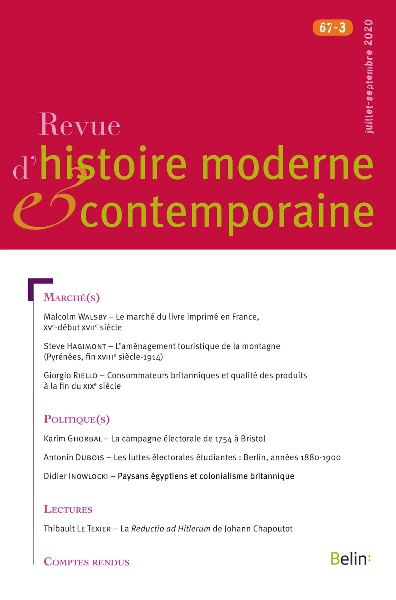 Le numéro 67-3 de la Revue d'histoire moderne &amp; contemporaine est maintenant disponible. Articles à découvrir sur Cairn (cairn.info/revue-d-histoi…). #rhmc #Belin #Cairn
