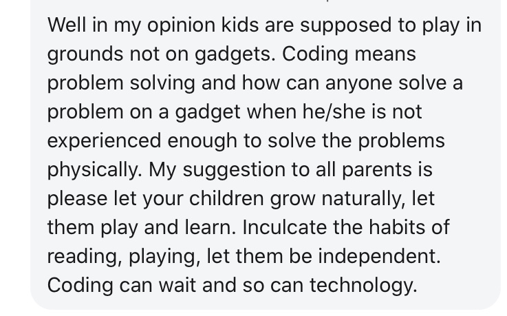 'Instead of sitting in front of gadgets, why aren't children growing up "in nature", doing "physical activities" and learning "moral values" with their friends?'Wondering how many middle-class families living in a cramped Tier-2 city apartment have access to "nature"...