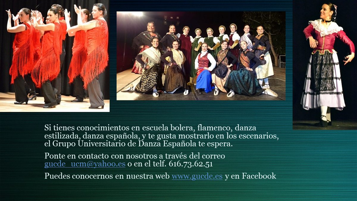 El Grupo Universitario Complutense de Danza Española de la UCM abre proceso de selección para el curso 2020/2021.
¡Esta es tu oportunidad! 💃

Los ensayos del GUCDE durante el curso serán lunes y miércoles de 19:00 a 21:00 horas.