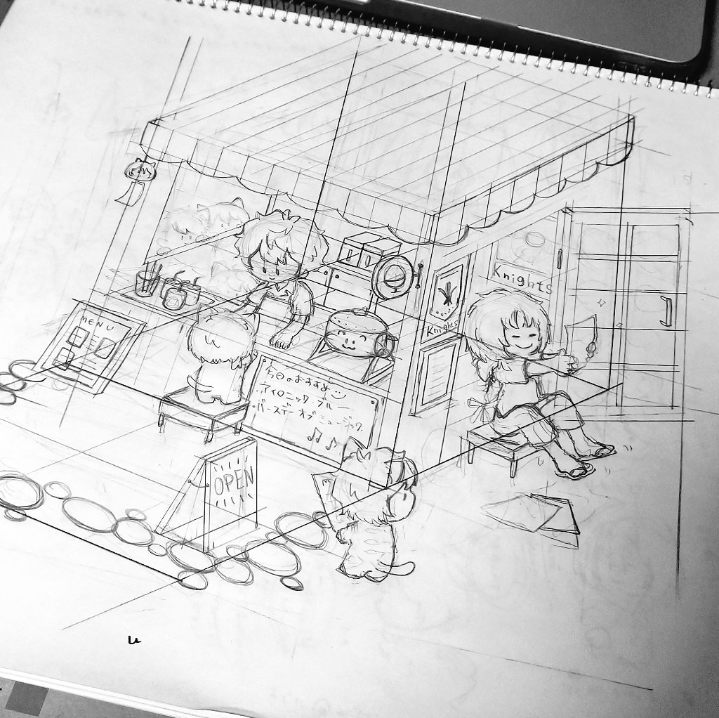 その2 ラフと下書き
アイデアや構図は固まるまでめちゃめちゃ時間かかります(構図が超苦手)
ラフはほんとに丸かいてチョン、こういうのが描きたいなって自分で見てわかるかんじの。
下書きは直線の部分は定規で描きます、迷い線がめちゃめちゃ多い。 