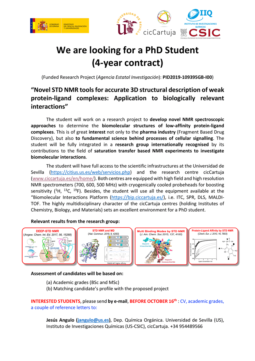 Angulo_Lab's tweet photo. We are seeking a motivated PhD student to work on novel NMR approaches to characterise weak protein-ligand interactions. We offer 4-year contract, state-of-the-art NMR instruments and computational resources, multidisciplinary centre, and a beautiful city (Seville). RT please! https://t.co/162I9v3Oay