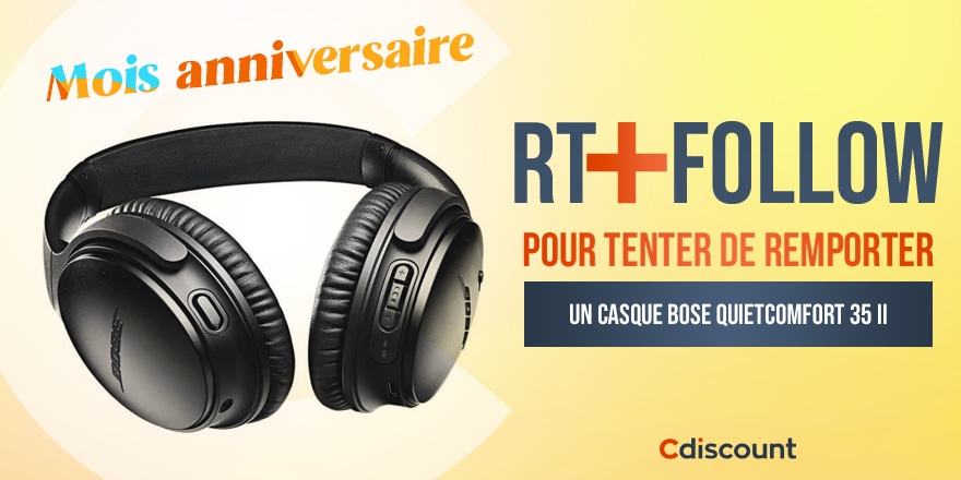 Cdiscount's tweet image. 🎁 #Concours 

C'est notre mois anniversaire, on fête nos 22 ans !!! Pour célébrer ça on vous offre un casque Bose QuietComfort 35 II : 
pick.aw/5MAK41i

Pour tenter de le remporter : 

🔸 RT ce tweet
🔹 Follow @Cdiscount

⏰ TAS 13/10