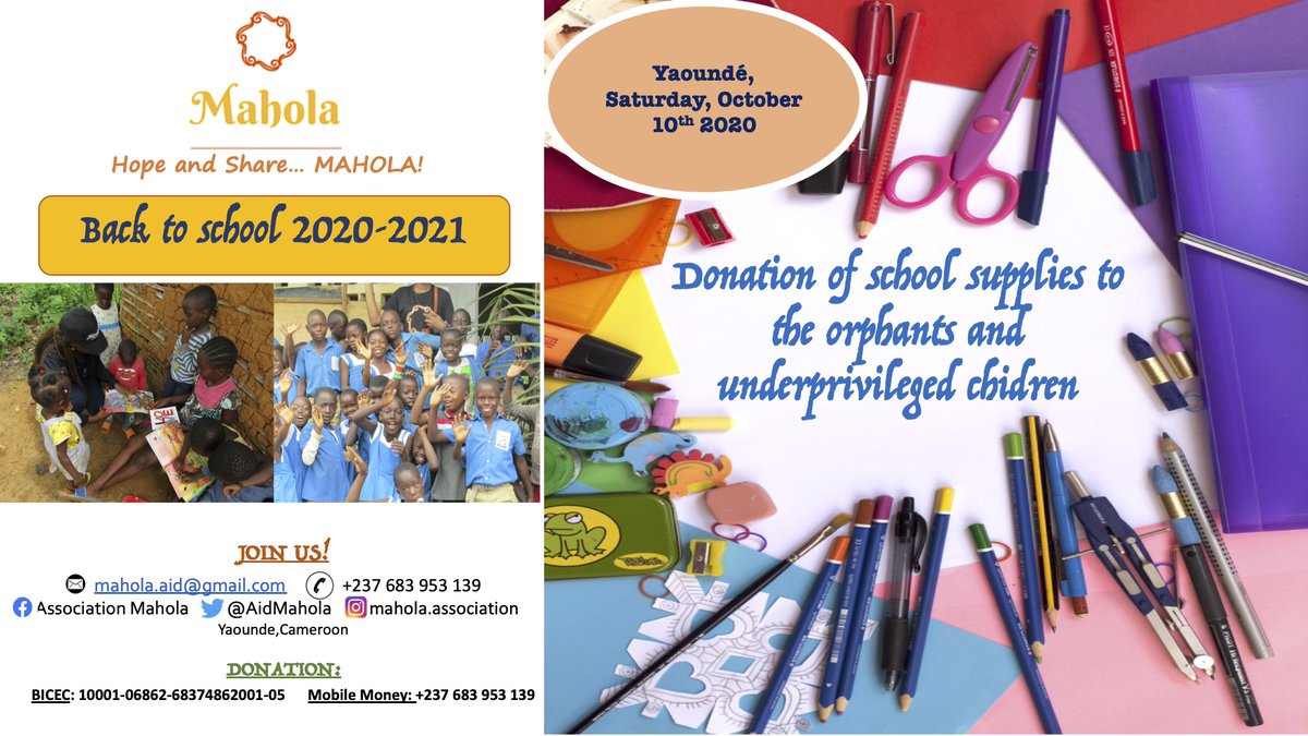 AidMahola's tweet photo. Nous organisons une remise de don en matériels scolaires est organisée ce samedi 10 Octobre 2020 dès 10h à Yaoundé.
Vous êtes bien évidement attendus!
Si vous souhaitez vous joindre à nous ou faire un don, 
nous contacter
mahola.aid@gmail.com/+237 683 953 139
Hope and Share! https://t.co/pePizy9m06
