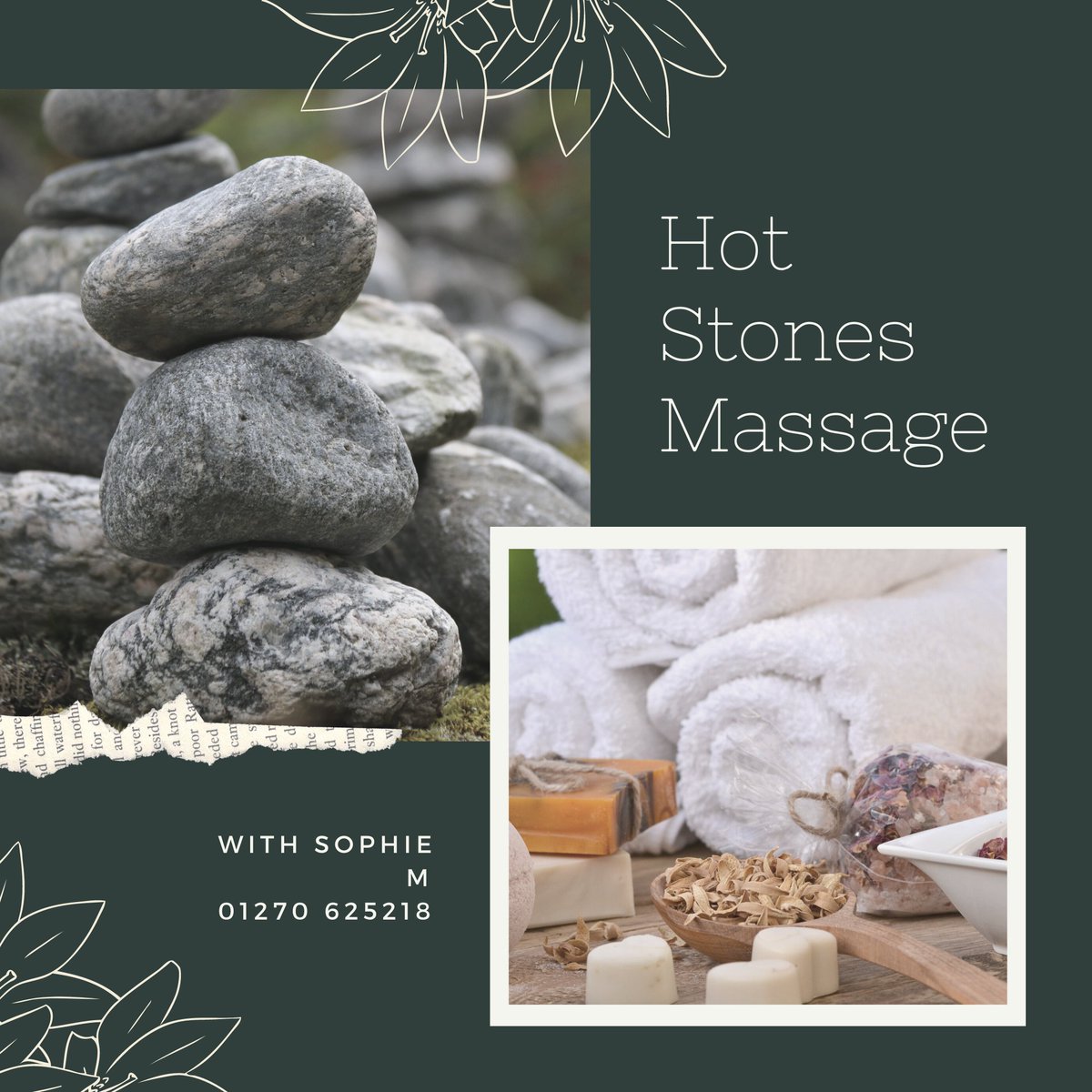 Special Offer with Sophie M – 55mins Hot Stones Massage

A relaxing massage using hot stones to warm up tight muscles and alleviate tension and stress.

Offer price in October &amp; November £34 (can be booked more than once!)

Call us on 01270 625218 to book
#massage #hotstones