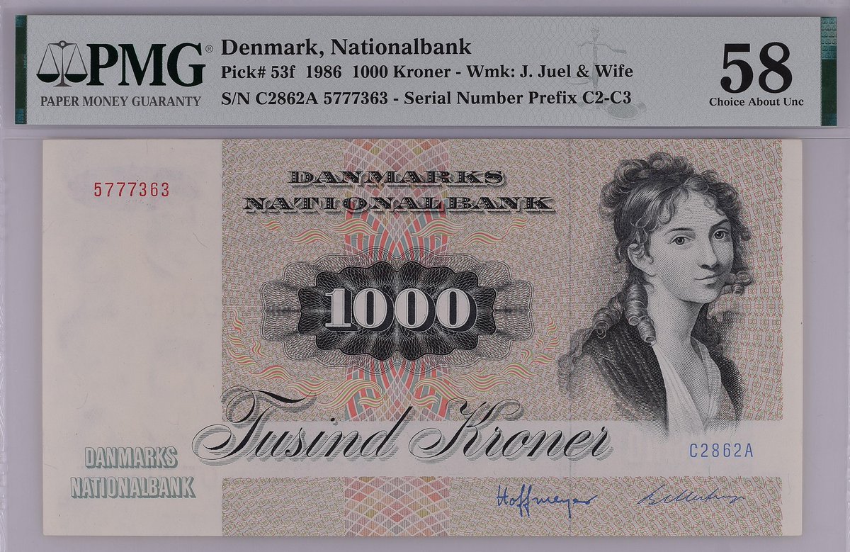 PMGnotes's tweet photo. Note of the Day: #WomenWednesday is when PMG showcases banknotes that feature women. This Denmark 1986 1,000 Kroner depicts Thomasine Heiberg, a Danish author. … #numismatics #notecollecting #WomenWednesday #Danish #Denmark #Kroner #Heiberg #author https://t.co/St8pse22w8