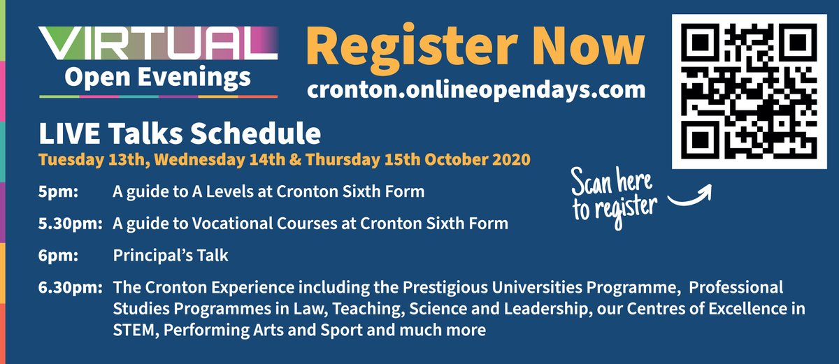 crontoncoll's tweet image. Register now for our Virtual Open Evenings at cronton.onlineopendays.com! Join us Tuesday 13th-Thursday 15th October 2020, 4pm-7pm, to watch live talks, view 360 campus tours, demonstrations, subject presentations and a programme of live talks. We can’t wait to virtually meet you!