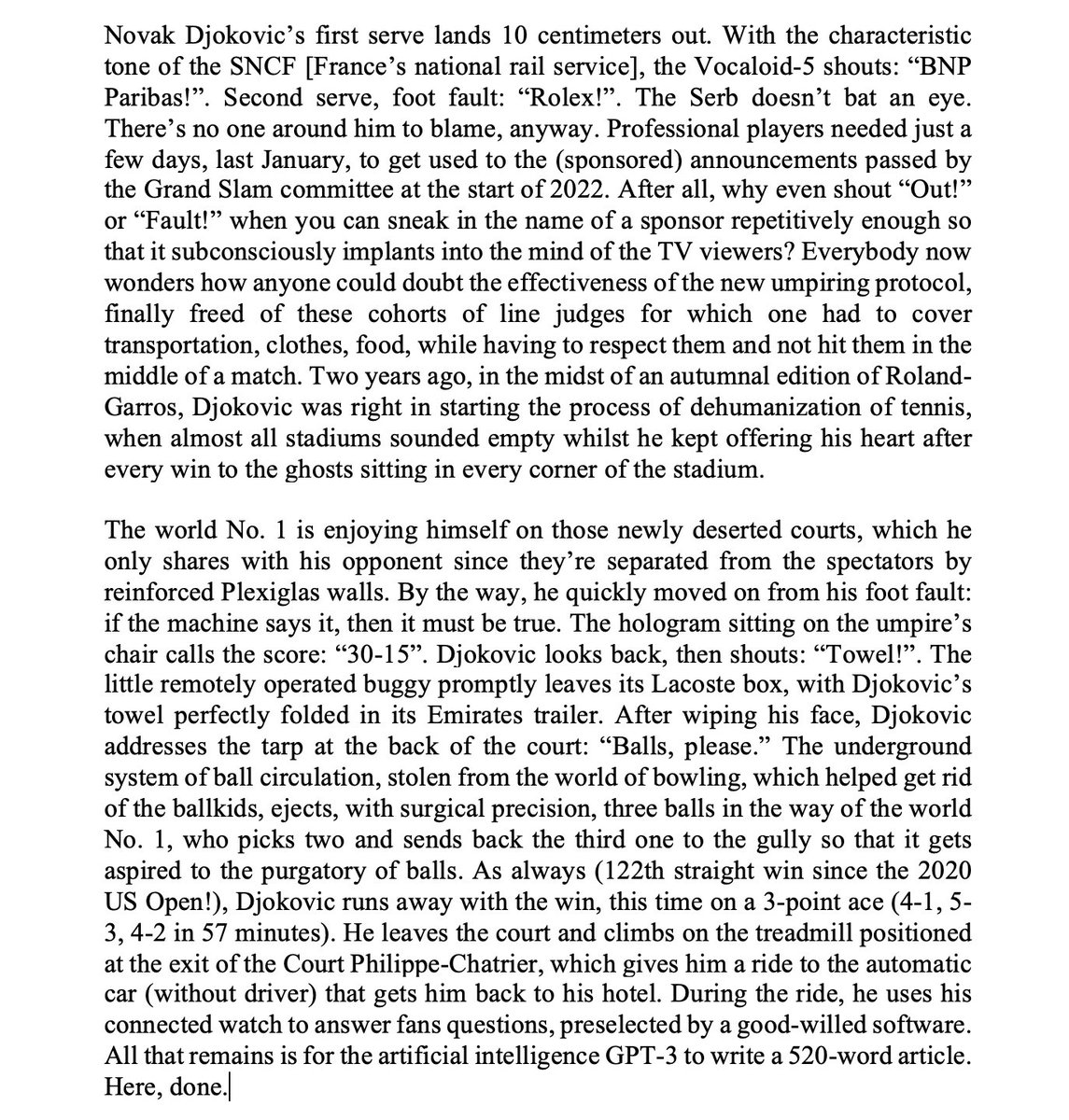 .<a href="/lequipe/">L'Équipe</a> published a brilliant (and scary) speculative-fiction story into what Roland-Garros 2022 might look like

I translated it 👇

(Cc <a href="/QuentinMoynet/">Quentin Moynet</a> <a href="/djub22/">julien reboullet</a>)