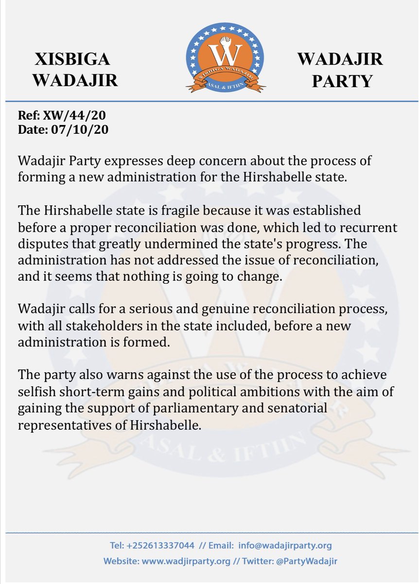Press release on the formation of new administration for Hirshabelle state