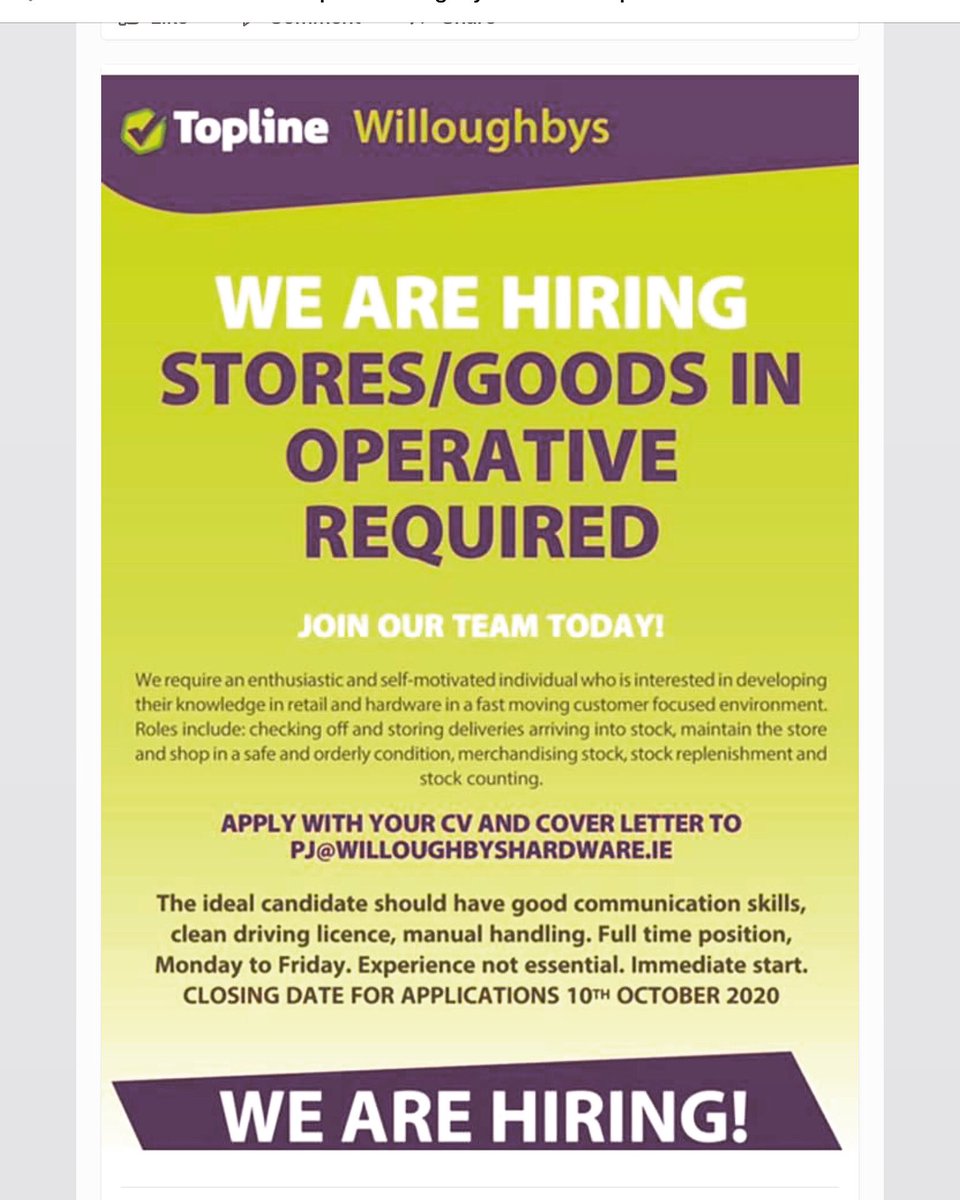 Hi everyone. 
We are hiring! Closing date for applications is Saturday 10th October. 
#hiring #jobopportunity #retail #monasterevin #hardware