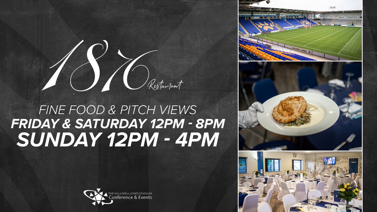 The new 1876 restaurant now open <a href="/halliwell_the/">The Halliwell Jones Stadium</a> Jones Stadium (home to <a href="/WarringtonRLFC/">Warrington Wolves</a>). Fine food with pitch views. See more &amp; book at bit.ly/34v2bCY #restaurant #stadium #covidsecure #foodanddrink #hospitality
