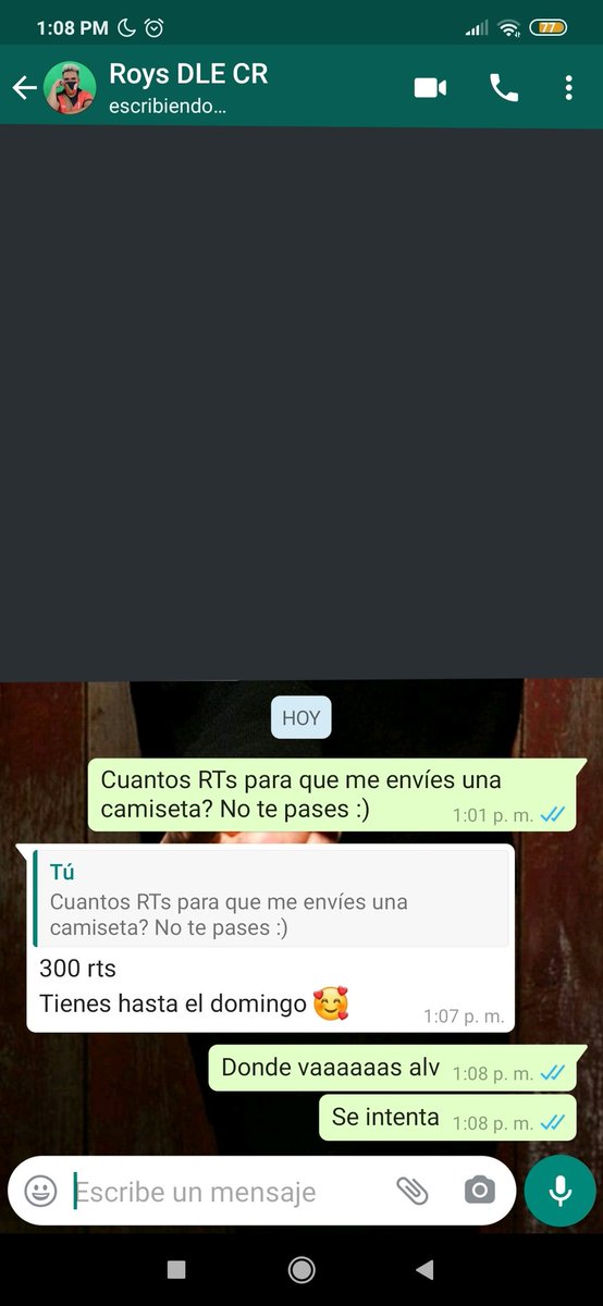300 Rts para que <a href="/RoysDLE/">Roys DLE🇧🇴🎙</a> me mande una camiseta. 
Hoy por mi mañana por vosotros🥺🥺
