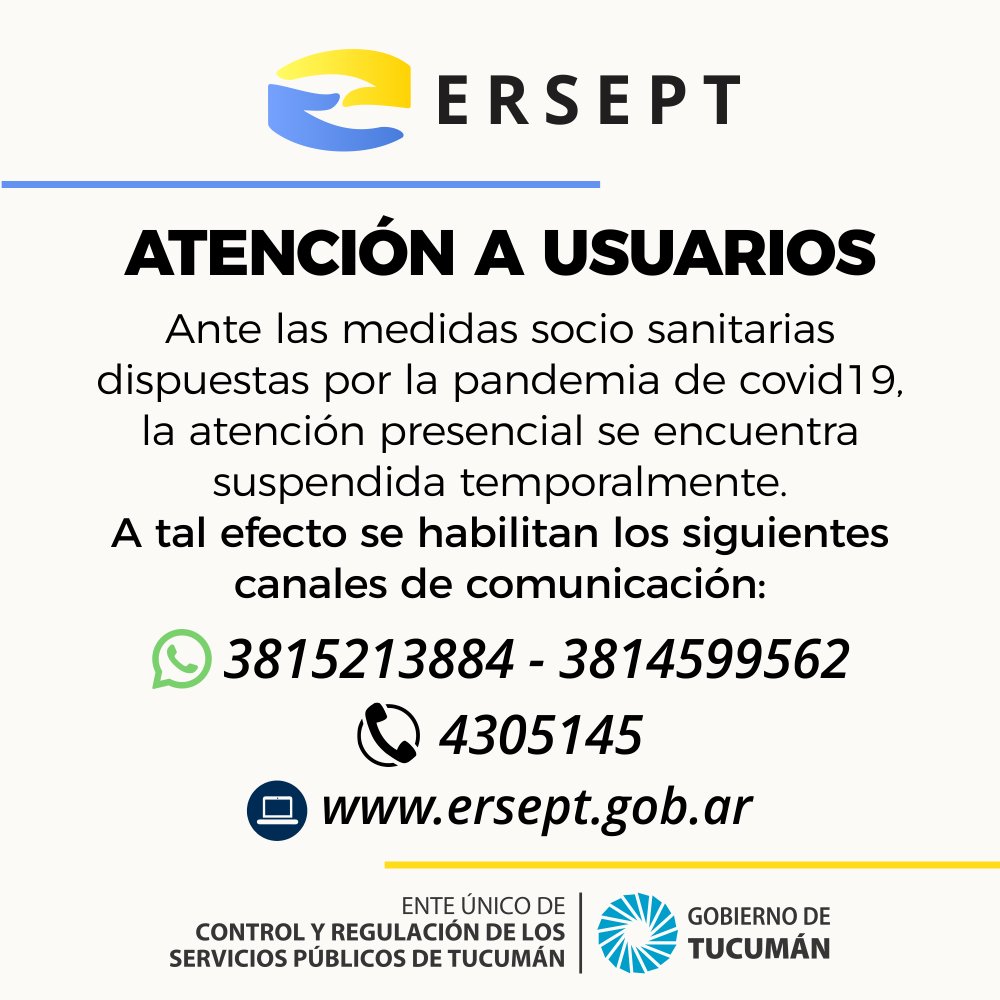 #Usuarios - Actualizamos los canales de contacto para que los usuarios de los servicios de electricidad, agua y cloacas puedan realizar sus reclamos ante ERSEPT o resolver sus dudas e inquietudes.

#SeamosResponsables 😷