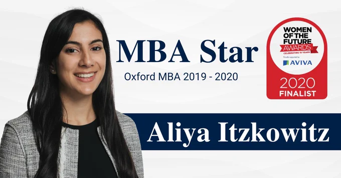 Aliya Itzkowitz profile shot on a white background and blue bold text 'MBA star, Oxford MBA 2019-20'