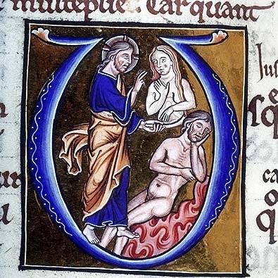 This is part of the set of medieval illustrations that really emphasize that Eve was a rib. (Morgan Library, MS m338, f. 040v)