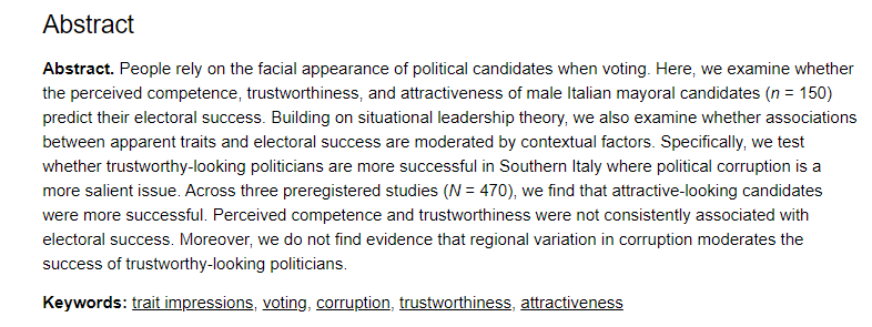 Bastian Jaeger (@bxjaeger) on Twitter photo Our paper on the relationship between politicians' facial appearance and their electoral success is now out in <a href="/SocPsy_journal/">Social Psychology</a>.
econtent.hogrefe.com/doi/abs/10.102… (w/ @tony_m_evans & Ilja van Beest) Our paper on the relationship between politicians' facial appearance and their electoral success is now out in <a href="/SocPsy_journal/">Social Psychology</a>.
econtent.hogrefe.com/doi/abs/10.102… (w/ @tony_m_evans & Ilja van Beest)