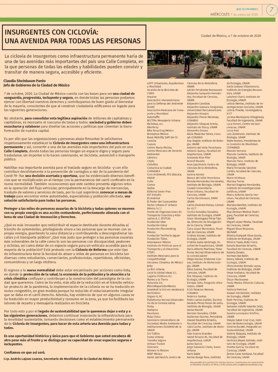 Ar7ois's tweet photo. Hoy se suman voces desde la academia, sociedad civil e Iniciativa privada para decirle a la Jefa de Gobierno de la #CDMX @Claudiashein

INSURGENTES CON CICLOVÍA: UNA AVENIDA PARA TODAS PERSONAS

Desplegado en @eleconomista 

#CiclovíasPermanentes 
🖋️https://t.co/eTyanqNyzE https://t.co/GT1hbZ0WeX