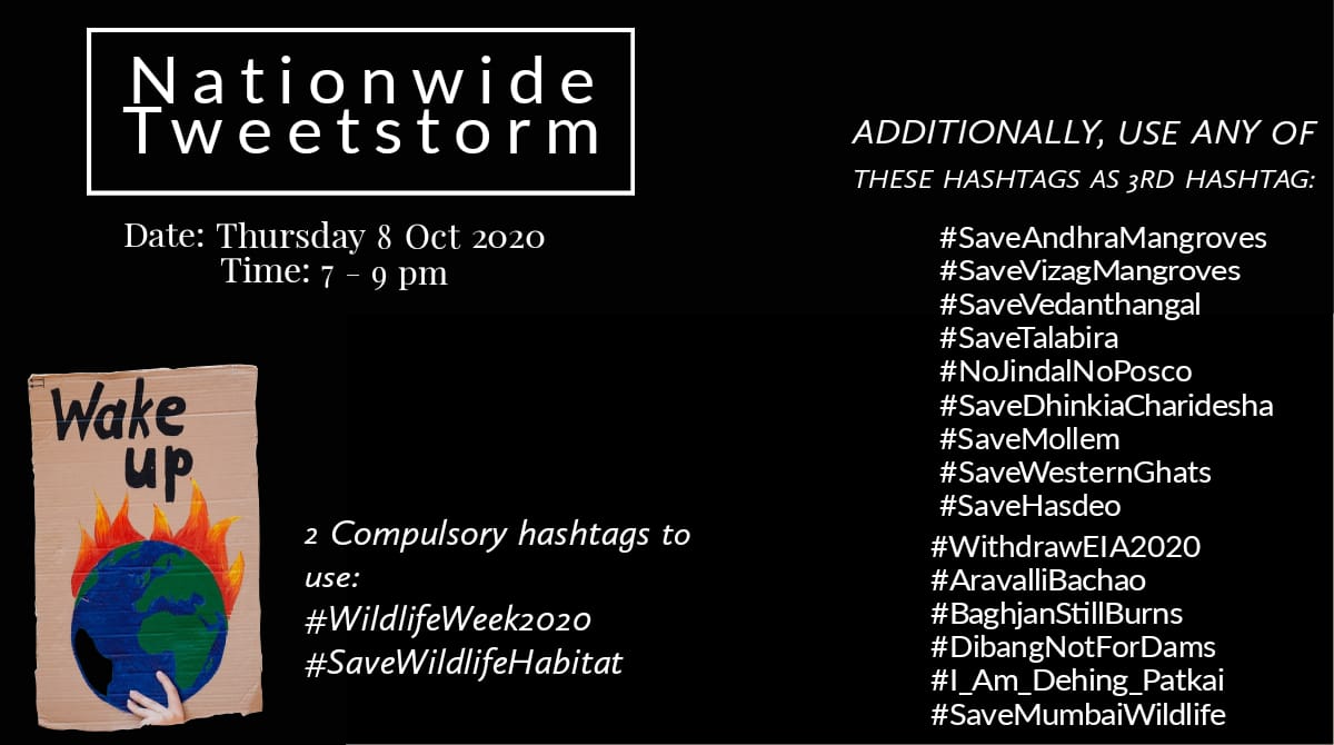 Join forest friends from across India in this nationwide tweetstorm on 8 Oct, Thurs (7-9 pm) to highlight govt's forest policies across all states which are causing wildlife habitat destruction & deaths. 
#wildlifeweek2020
#SaveWildlifeHabitat
#SaveHasdeo
#SaveLemruElephants