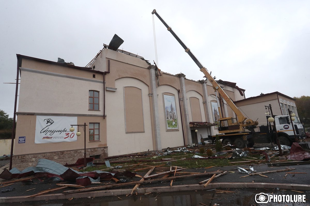ArtsakhOfficial's tweet photo. For past several days, cultural cradle of #Artsakh, #Shushi &amp; its civilian infrastructure is also being targeted by #Azerbaijan'i armed forces. #Art &amp; #Youth Center is now covered in ruins &amp; missiles spotted unexploded in streets.
#ArtsakhStrong

📸: Hayk Baghdasaryan |@photolure https://t.co/KaIjRwNAbV