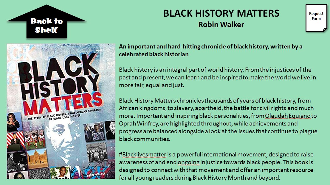 JPaulLibrary's tweet image. While pupils can&apos;t come into the library, our displays are online! Check out the Team page to see a virtual version of our Black History Month display. Click on a book to learn more and send a request form, all from the #VirtualDisplay! Screenshots below. #SchoolLibrary