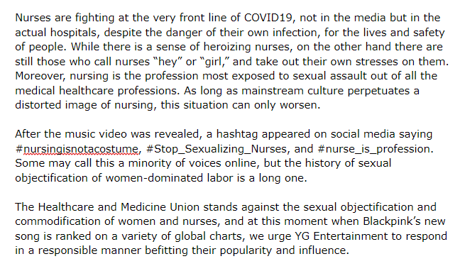 Encourage everyone to read the Korean Healthcare and Medical Union's statement on the Blackpink "Lovesick Girls" music video, linked above and translated here