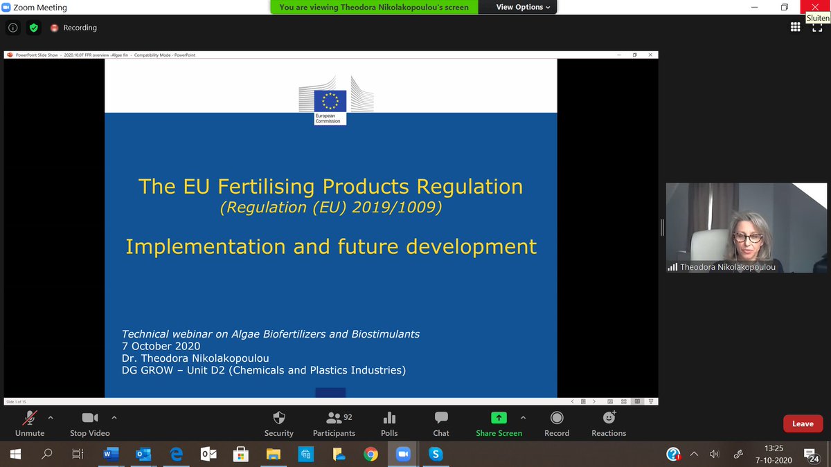 EABA_Algae's tweet image. @EABA_Algae #Algae #Biofertilizers &amp;amp; #Biostimulants webinar with Theodora Nikolakopoulou @EU_Commission #DGGrow presenting `EU Fertilising Products Regulation: Implementation and future development`. @Buildingonevent #microalgae #macroalgae #technology #regulation #implemention