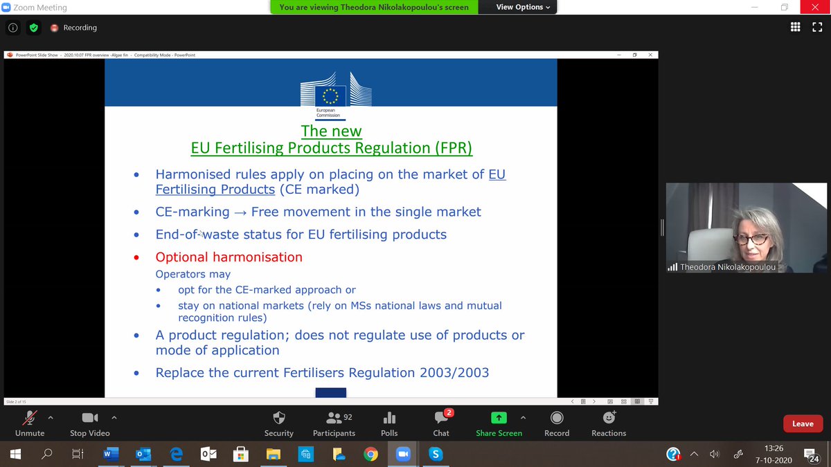 EABA_Algae's tweet image. @EABA_Algae #Algae #Biofertilizers &amp;amp; #Biostimulants webinar with Theodora Nikolakopoulou @EU_Commission #DGGrow presenting `EU Fertilising Products Regulation: Implementation and future development`. @Buildingonevent #microalgae #macroalgae #technology #regulation #implemention