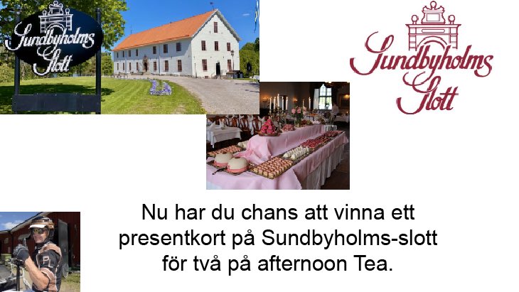 Tävling 🌟
För att vara med 

Följ mig &amp; retweeta detta inlägg

Nu har du chans att vinna ett presentkort på afternoon Tea på Sundbyholms-slott i Eskilstuna. Du får även komma till gården och hälsa på samt pröva köra häst.

Lycka till 🐴
Tävligen avslutas på söndag 11/10
