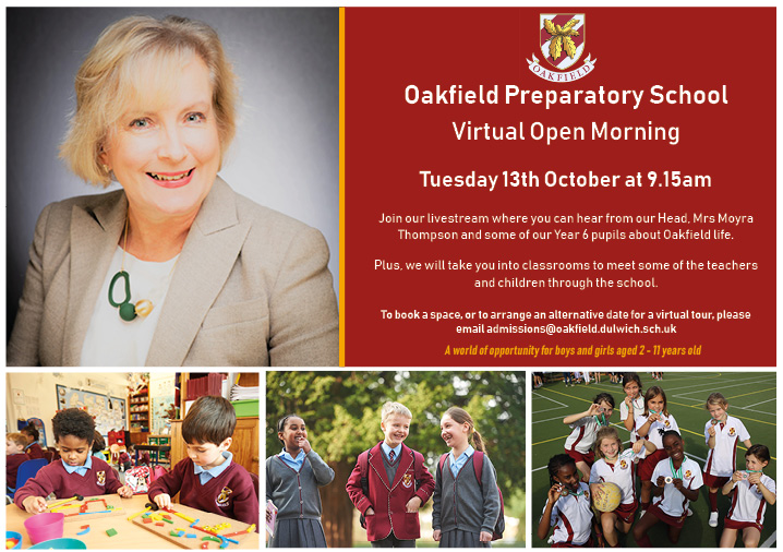 OakfieldPrep's tweet photo. Register for our Virtual Open Morning on Tuesday 13th October to find out everything about our wonderful school. To register for a place admissions@oakfield.dulwich.sch.uk #WorldOfOpportunity #OakfieldIsOpen #VirtualOpenMorning https://t.co/P08MIGVY6S