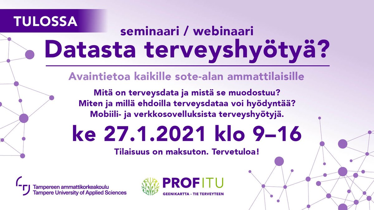 Save the date!
#data #terveys  #Health #digitalisaatio #digitalisation #tiedollajohtaminen #laaturekisterit #genomidata