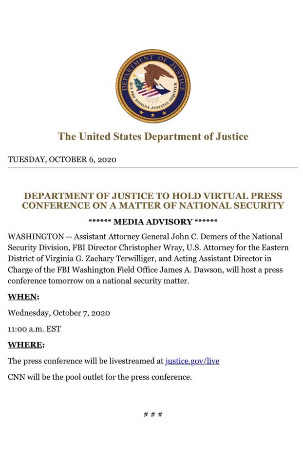 Chris Wray to hold press conference on “matter of national security”. Could be anything. Since these have always been disappointing, I’m prepared for a nothingburger about some low-level arrest but tuning in regardless.