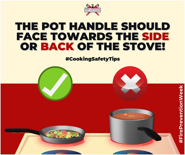 MillbrookFP's tweet image. Keep in mind that accidentally hitting a pot on the stove while in use can be the cause of a fire mishap in your kitchen!
It is much safer to keep the pot's handle towards the side or back of the stove to prevent such accidents.#CookingSafetyTips #FirePreventionWeek