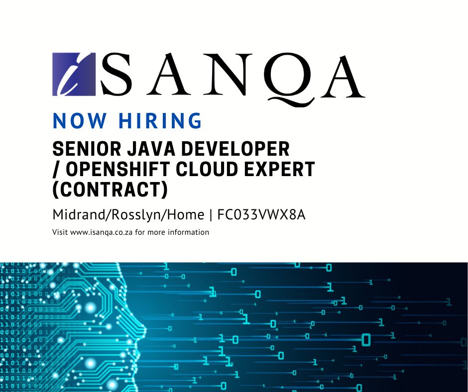 iSanqaJobs's tweet image. New role at iSanqa Resourcing : Senior Java Developer / OpenShift Cloud Expert (Contract) Midrand/Rosslyn/Home - FC033VWX8A
#developerjobs #itjobs #javajob
ow.ly/2I1q50BM8FH