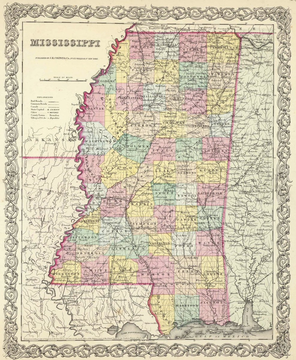 Here's an 1856 map of Mississippi. The various hills in the state are so low that transportation barriers were quite low. Unlike Pennsylvania or Virginia where the challenge of crossing multiple ridges showed up in early turnpike and railroad maps.