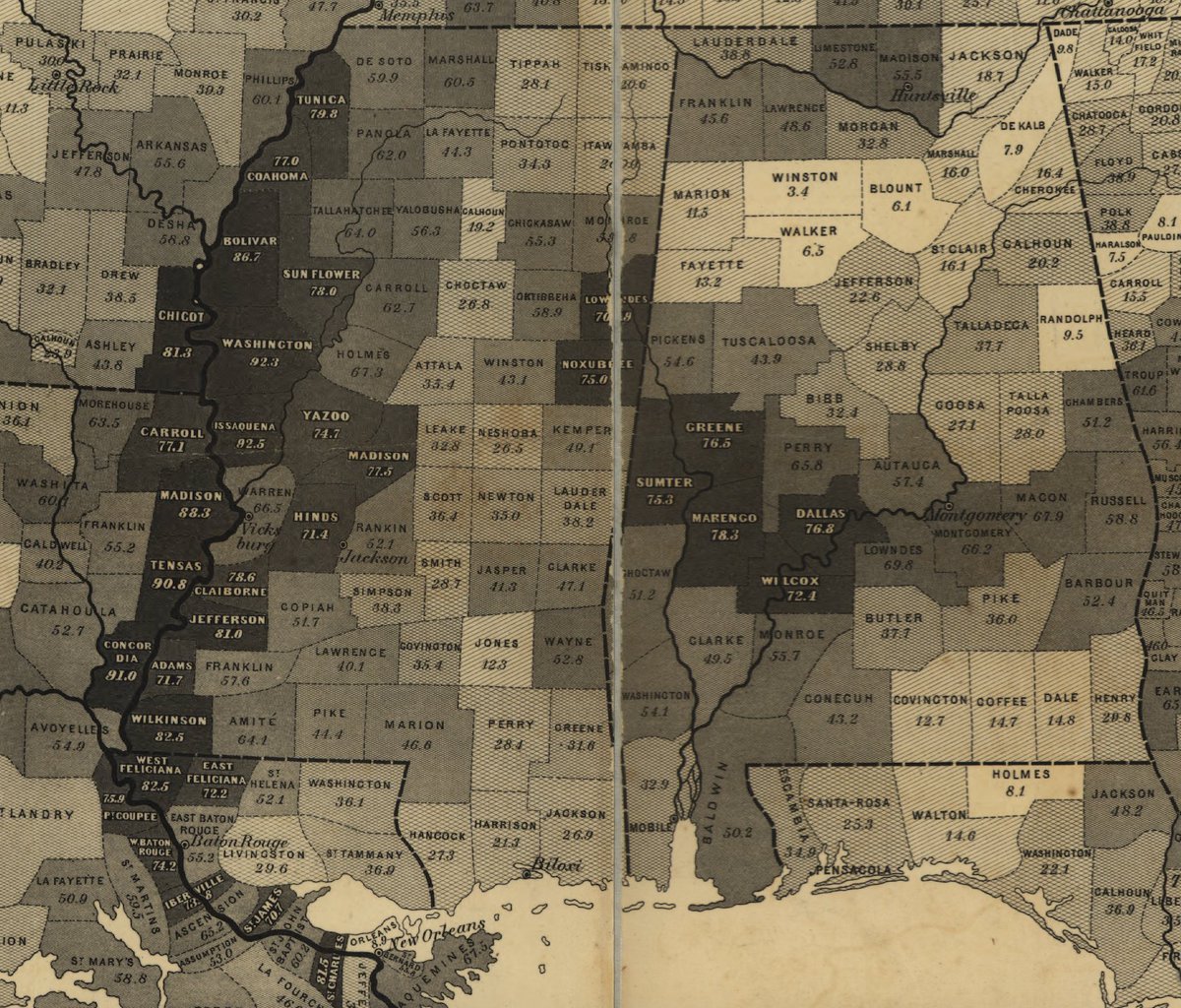 This map of slavery from 1860 shows the importance of soil differences better than the 1856 political/transportation map. The "Black Prairie" in eastern Mississippi clearly dips down into central Alabama. Also see differences between Madison and Leake or Attala Counties.