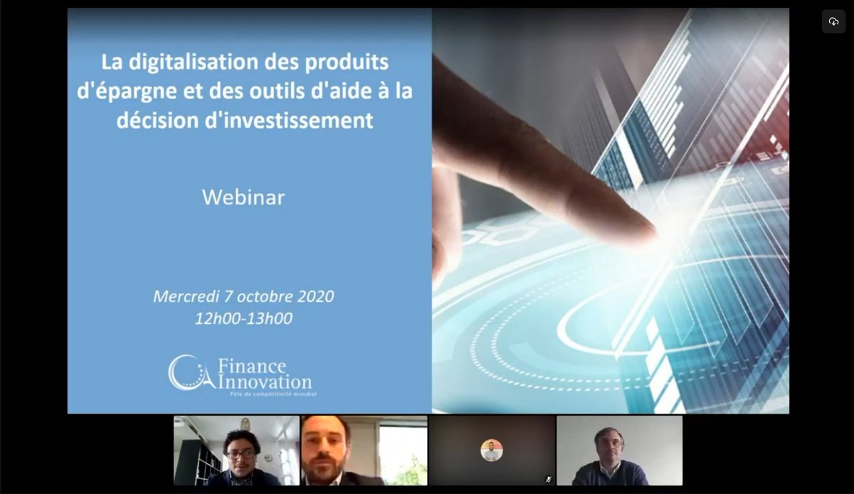 financeinnov's tweet photo. Ce midi avait lieu notre webinar "La #digitalisation des produits d'#épargne et des outils d'aide à la décision d'#investissement" !🏢💡⌛️
Merci aux intervenants @Aferahian, @Moniwan_FR  / @FrancaiseGroup , @APENICAUT, #Preacor / @ASHLERMANSON  et Nabil Hmama, @qlay_io  ! https://t.co/nKIvk5e7g3