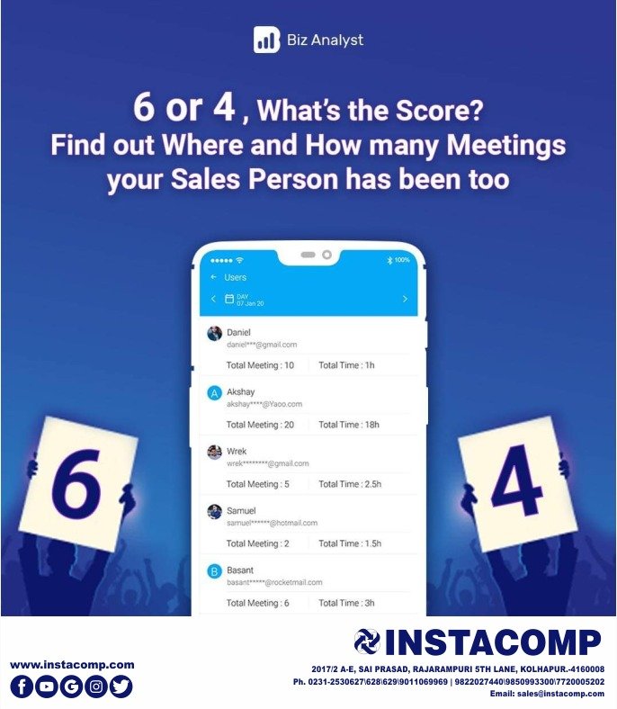 Instacompkop's tweet photo. 6 or 4, What's the Score?
find out Where and How many Meetings your Sales Person has been too

#instacomp #Tally #Bizanalyst #Connect21 #Tallyhelp #tallyerp9 #Tallyinkolhapur #Software #Rajarampuri #Kolhapur #Ratnagiri #smallbusiness #accounting #largebusiness https://t.co/7mt5rPI25n