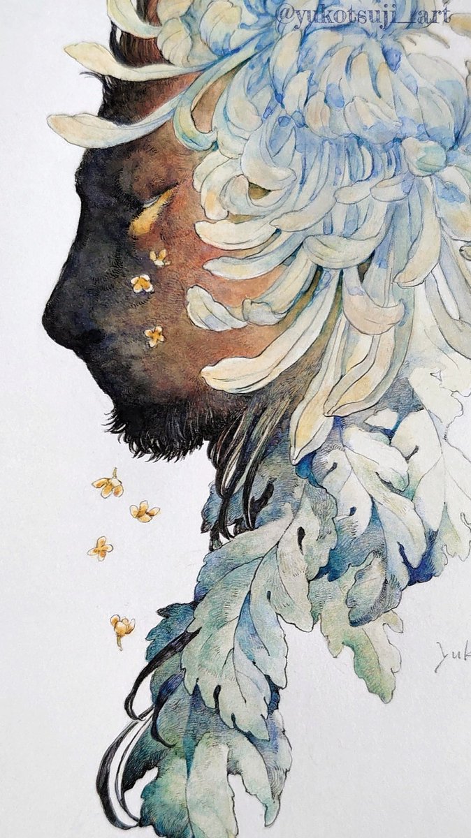 ツジ ユウコ ご依頼絵制作中 高潔の王 菊と金木犀と獅子 金木犀の花言葉 気高い人 は 雨が降るとその芳香を惜しむことなく 花を散らせることに由来するらしく 初めて知ったときは感心させられました