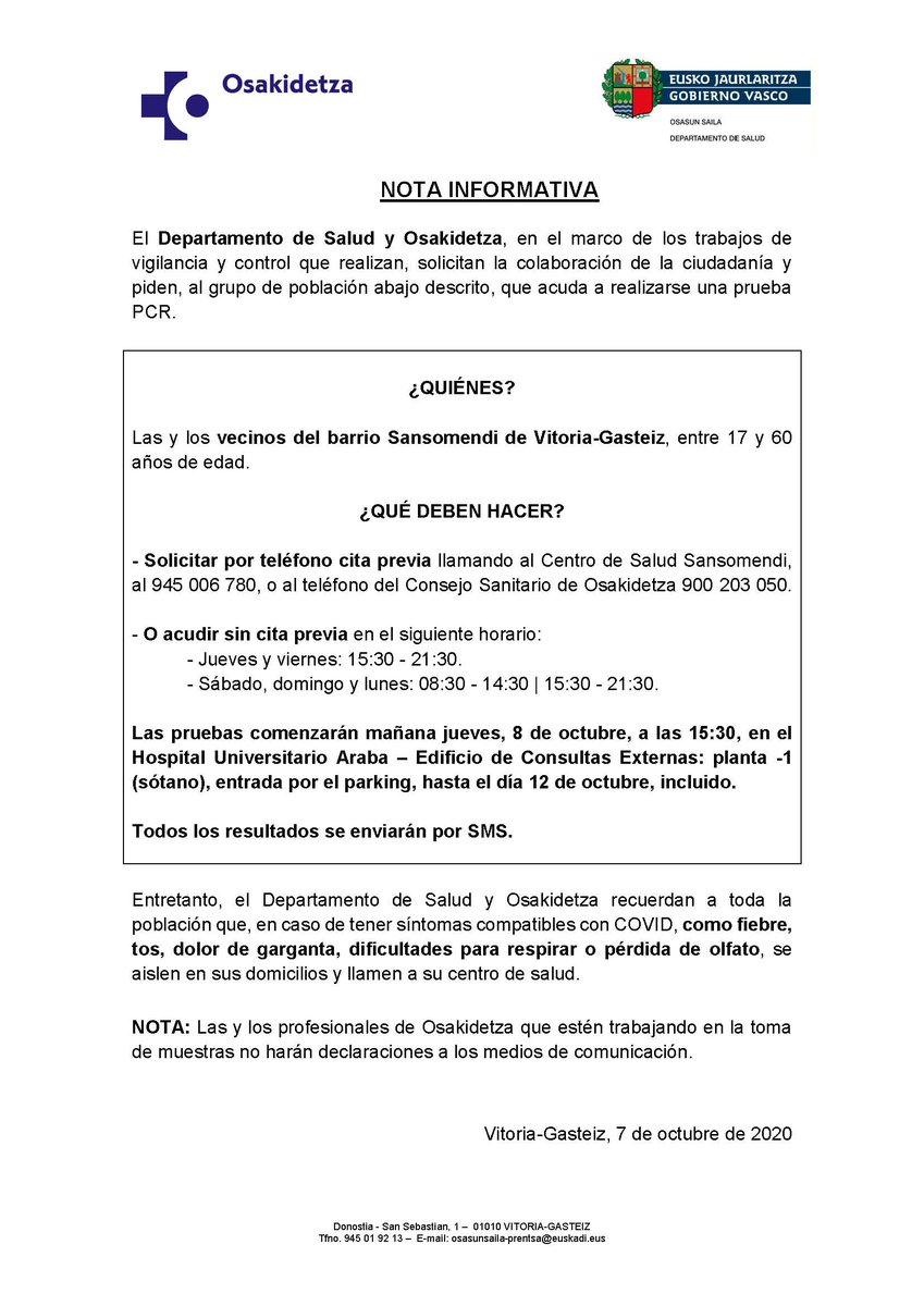 #Sansomendi ‼️ NOTA: El Departamento de Salud y #Osakidetza, en aplicación del Plan de Vigilancia, solicitan la colaboración de la ciudadanía para, en caso de haber estado en la situación siguiente, solicite cita previa para la realización de una PCR