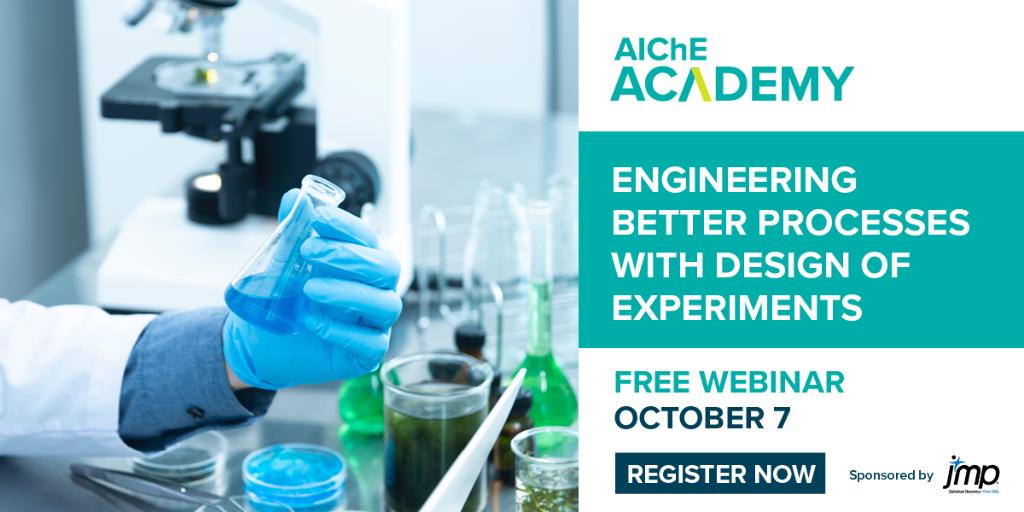 Do you need to experiment to understand the effect of different input factors on a process, and does the number of possibilities feel overwhelming? 

Join <a href="/ChEnected/">American Institute of Chemical Engineers (AIChE)</a> Academy webinar for engineers and scientists TODAY bit.ly/3d5xwA0

#JMP #engineering #science