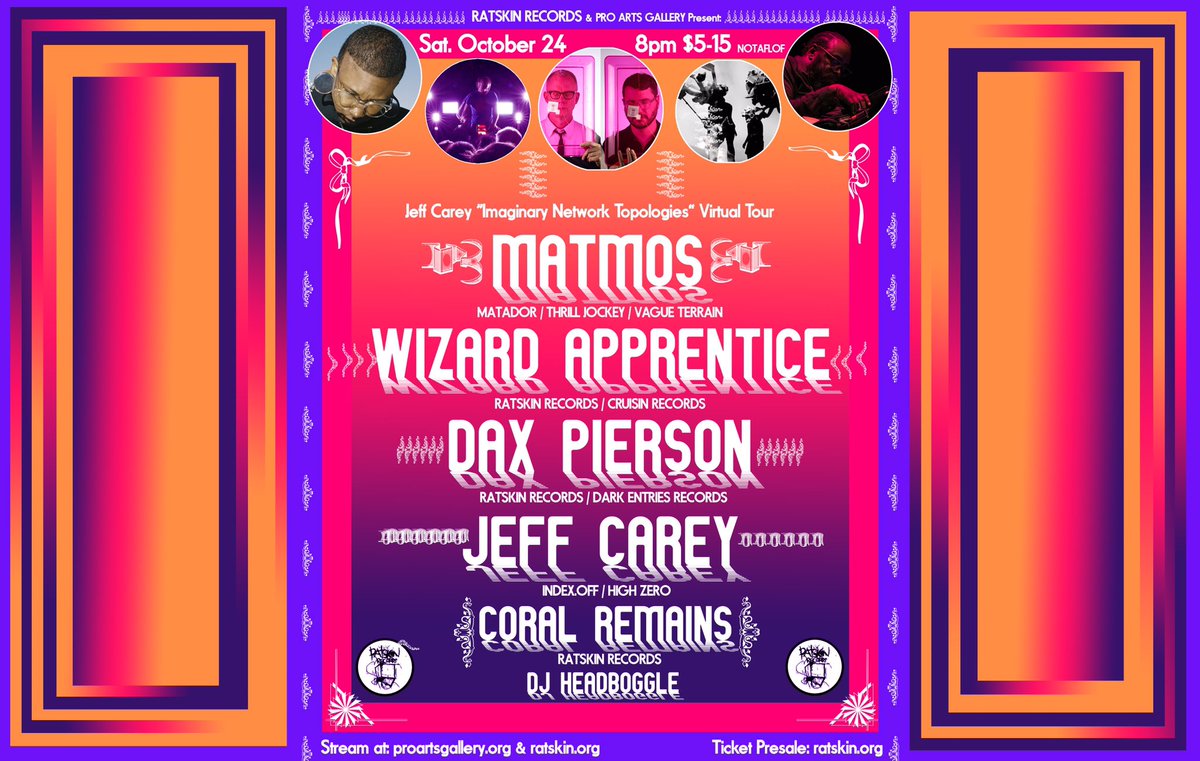 Sat. 10.24.20
Ratskin  &amp; <a href="/ProArtsOakland/">Pro Arts</a> present: 

MATMOS 
JEFF CAREY 
DAX PIERSON
WIZARD APPRENTICE 
CORAL REMAINS 
DJ <a href="/Headboggle/">HEAD BOGGLE</a> 

This is gonna go off. Ticket link in bio.