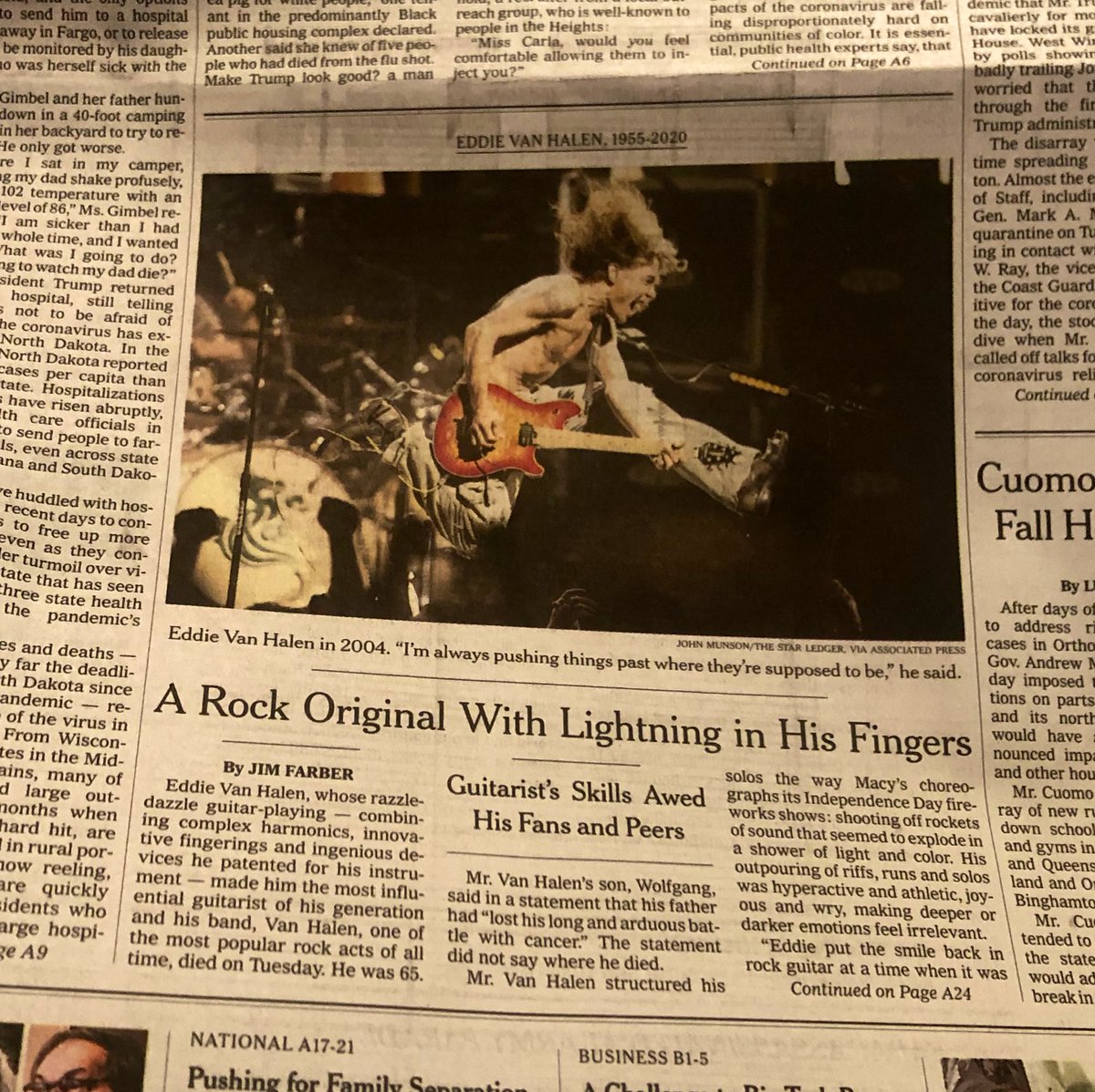 JulietMacur's tweet image. Eddie Van Halen’s obituary made the NYT’s front page and it’s a masterpiece that captures his brilliance and vitality. He always looked like he was having a blast playing his guitar. He once said, “When ‘Spinal Tap’ was going to 11, I was going to 15.” It showed. @JimFarberMusic