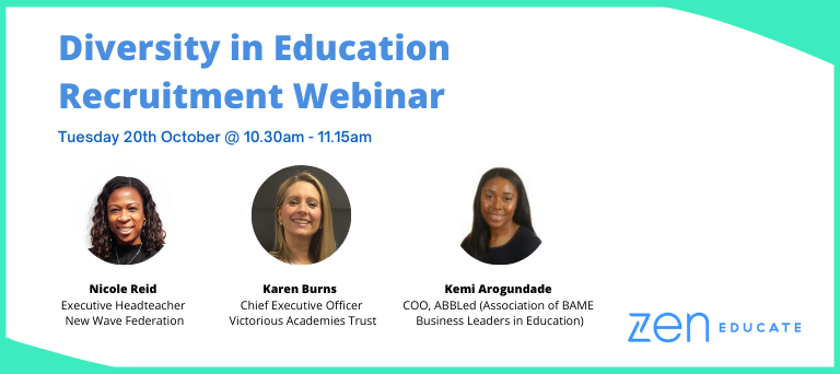 ZenEducate's tweet photo. Hear from our speakers Nicole Reid, Karen Burns (@karen_kburns), and Kemi Arogundade (@kemi_aro) on recruiting and retaining a diverse body of staff in our 'Diversity in Education Recruitment' webinar and Q&A on 20th October at 10:30 am.
Signup here: https://t.co/IekvZybtCC https://t.co/p4rwwPkBGx