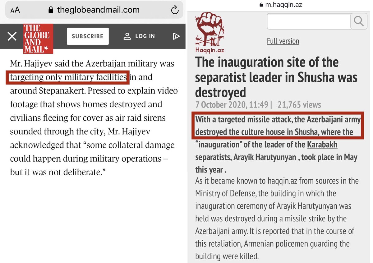 Azerbaijani lie revealed: War crime evidence
-Hajiyev, “The #Azerbaijan military was TARGETING only military facilities.”
-Pro-gov haqqin.az, “With a TARGETED missile attack Azerbaijan destroyed the culture house in Shusha, as it became known from Defense Ministry.”