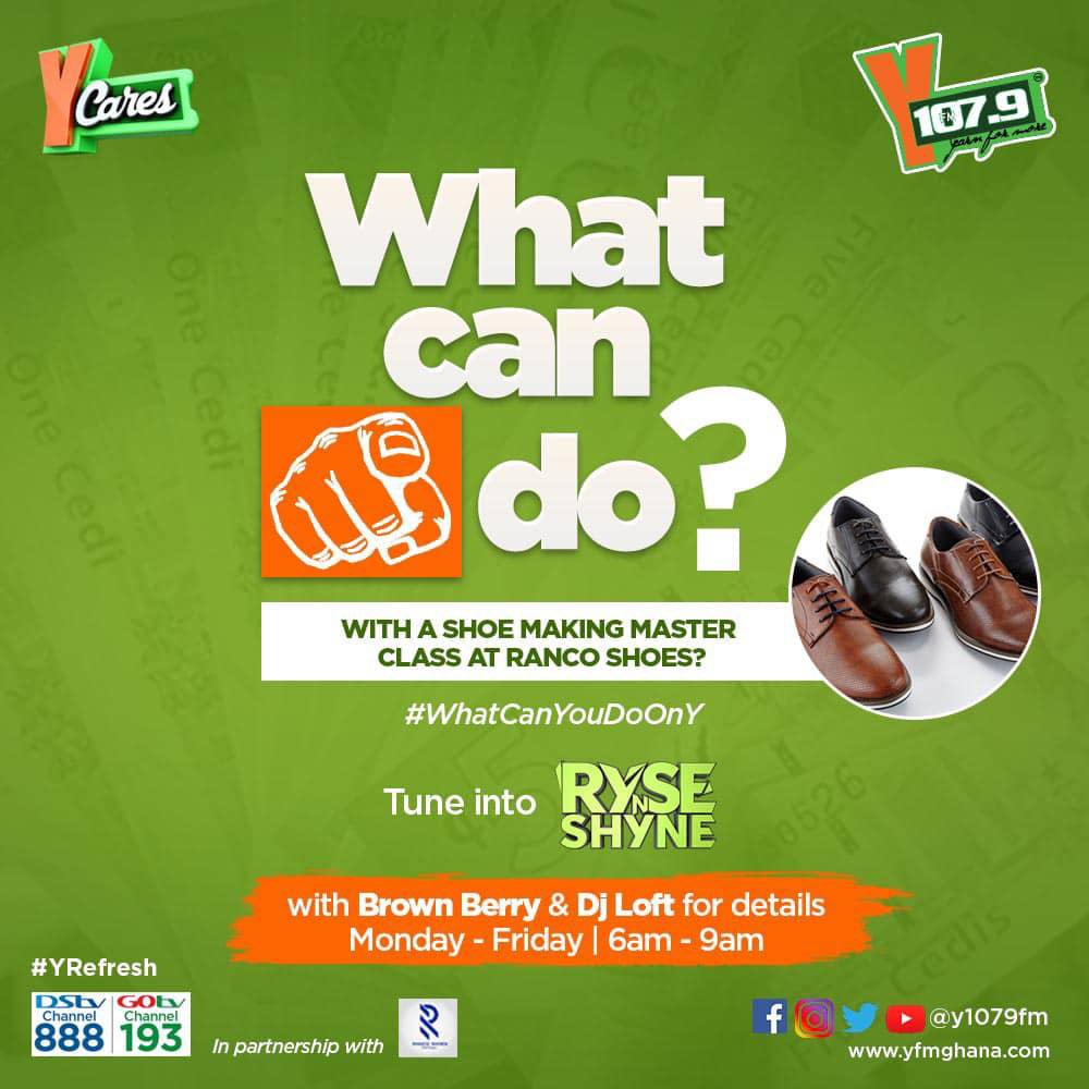 gyaigyimii's tweet image. ANOTHER GOLDEN OPPORTUNITY 

We are offering one of our listener the chance of a shoemaking masterclass with Ranco shoes. 

Join @iambrownberry X @deejayloft on #RYSENSHYNE by telling us #WhatCanYouDoOnY with a shoemaking master class