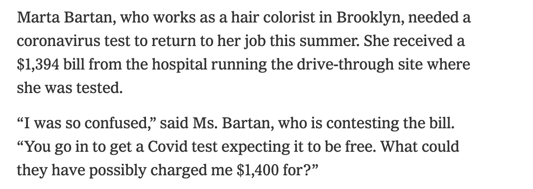 The bills would typically start with repeated, workplace coronavirus testing.Insurance companies aren't required to cover those! Coronavirus tests usually cost about $100 — but I've talked to workers with as much as $1400 in medical debt from a test required by work (2/11)