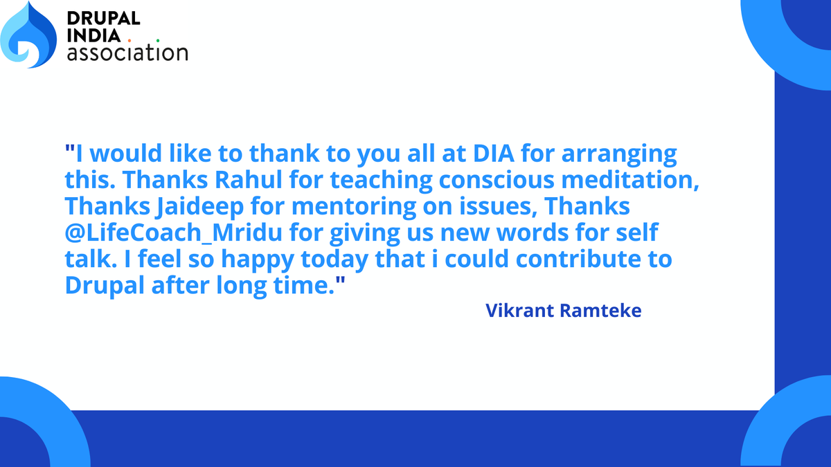 india_drupal's tweet photo. #DrupalThanks, @vikrantrc for your encouraging words๐
We're glad you had a great time at our contribution weekend! :)
#Drupalers, whether you're first-time contributors or regular #Drupal contributors, you don't want to miss out on #DIACWOct2020!
https://t.co/qh1VqsZhWo https://t.co/d11Ics5qRa