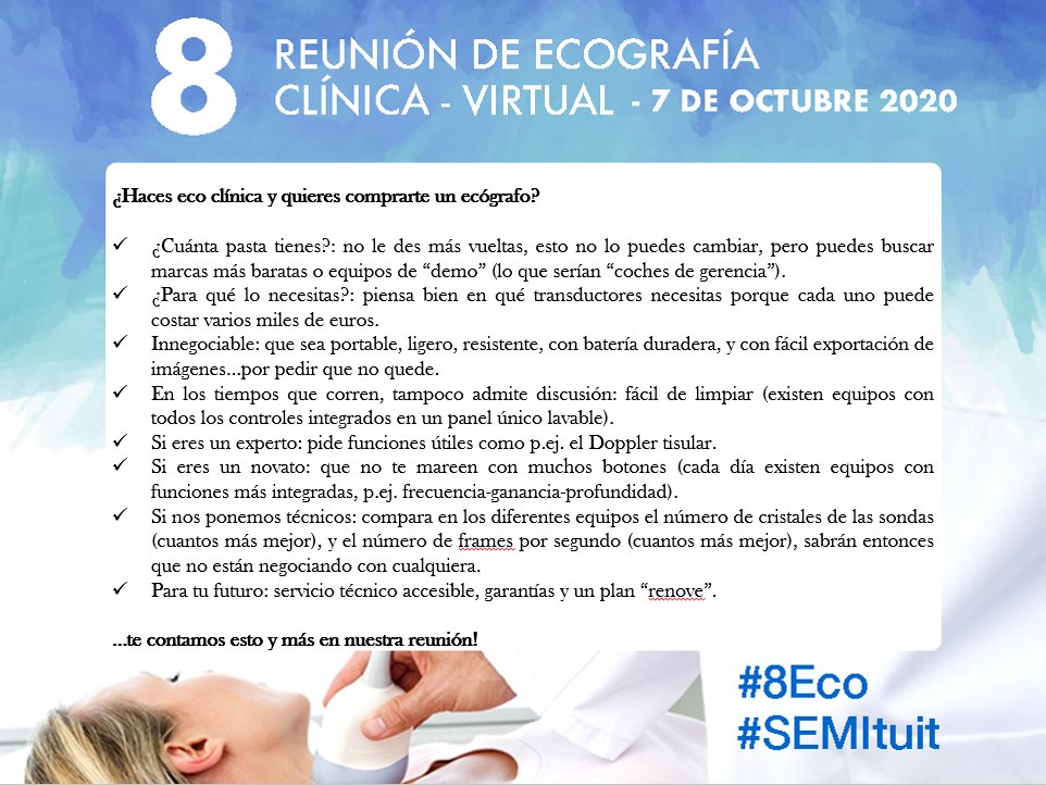 GTECOSEMI's tweet photo. ¿Piensas en comprarte un ecógrafo? Puntos principales en #8ECO @pintos_santi Síguela en directo en https://t.co/0H3I6gIDoA @SyHmedical #SEMITuit https://t.co/A1bmWTS9vV